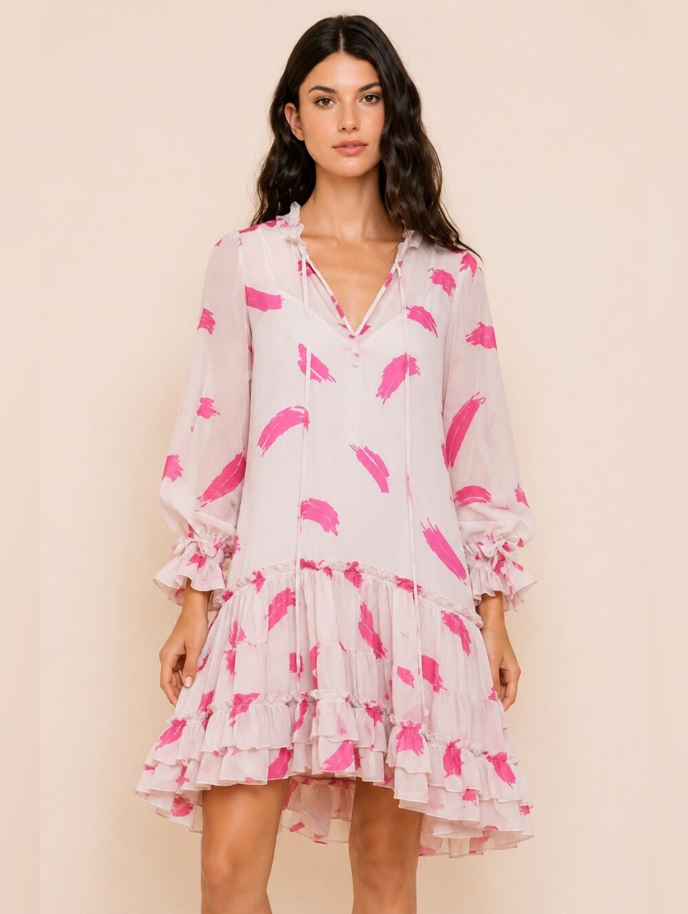 NWOT KLEID IIONA Dress Ruffle Printed Long Sleeve Pink Tan Sheer Mini DRESS XS